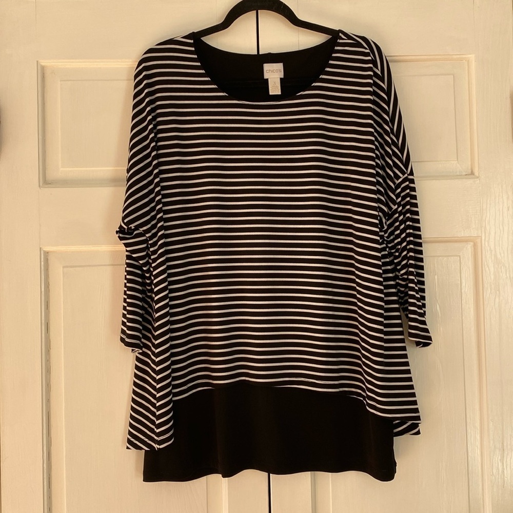 Chico’s Size 3 Layered Striped Blouse‎ Black and White Classic Blouse Chicos XL